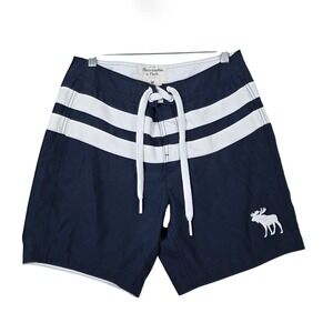 Abercrombie & Fitch Board Shorts Navy White Stripe Moose Logo Medium Swim Trunks